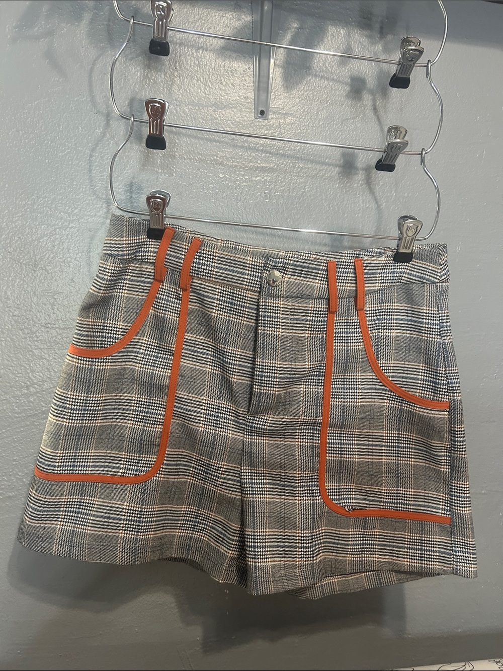 SHEIN Gray Plaid Shorts with Orange Trim